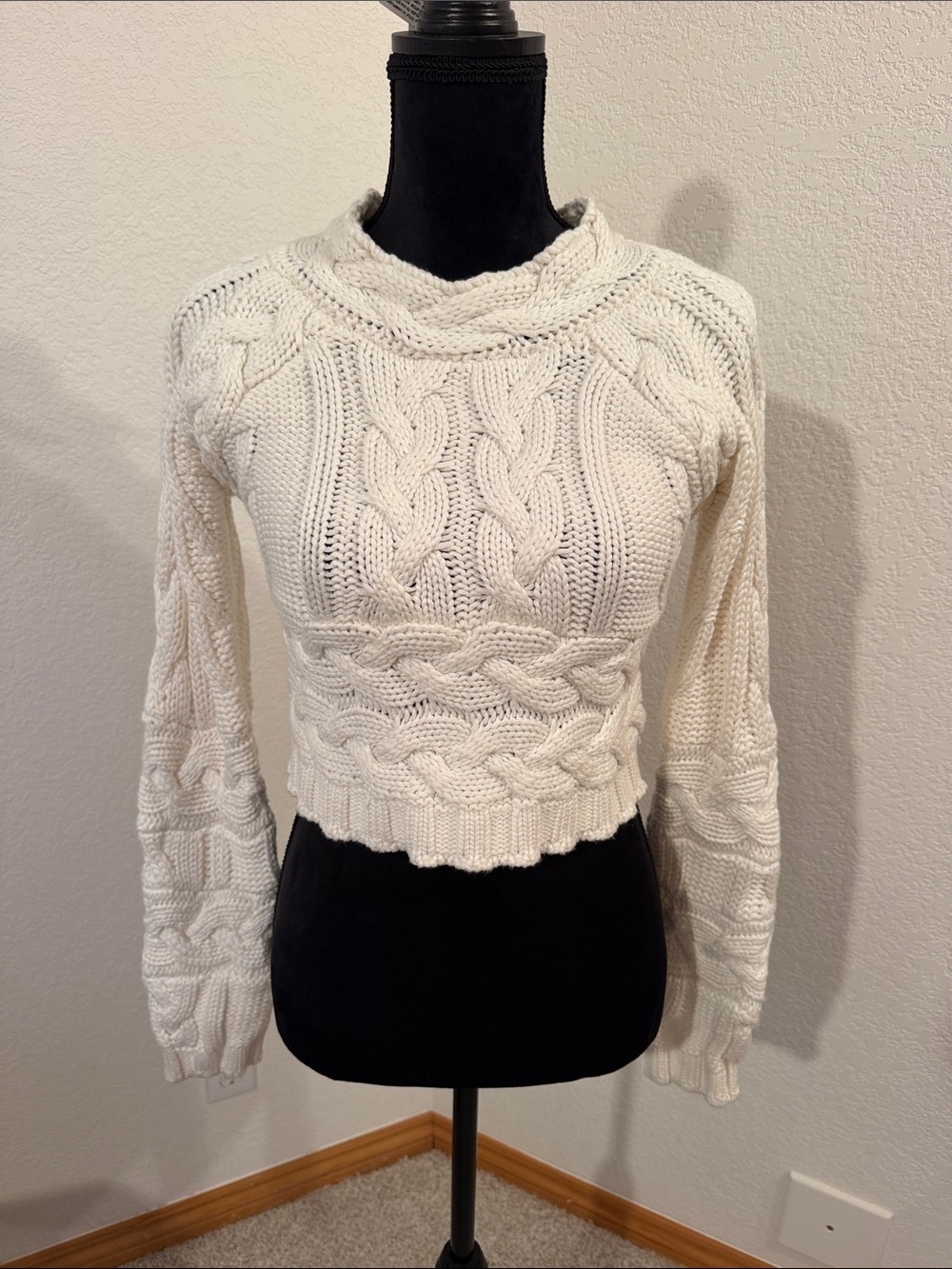 For Love And Lemons Cream Cable-Knit Cropped Crew Sweater
